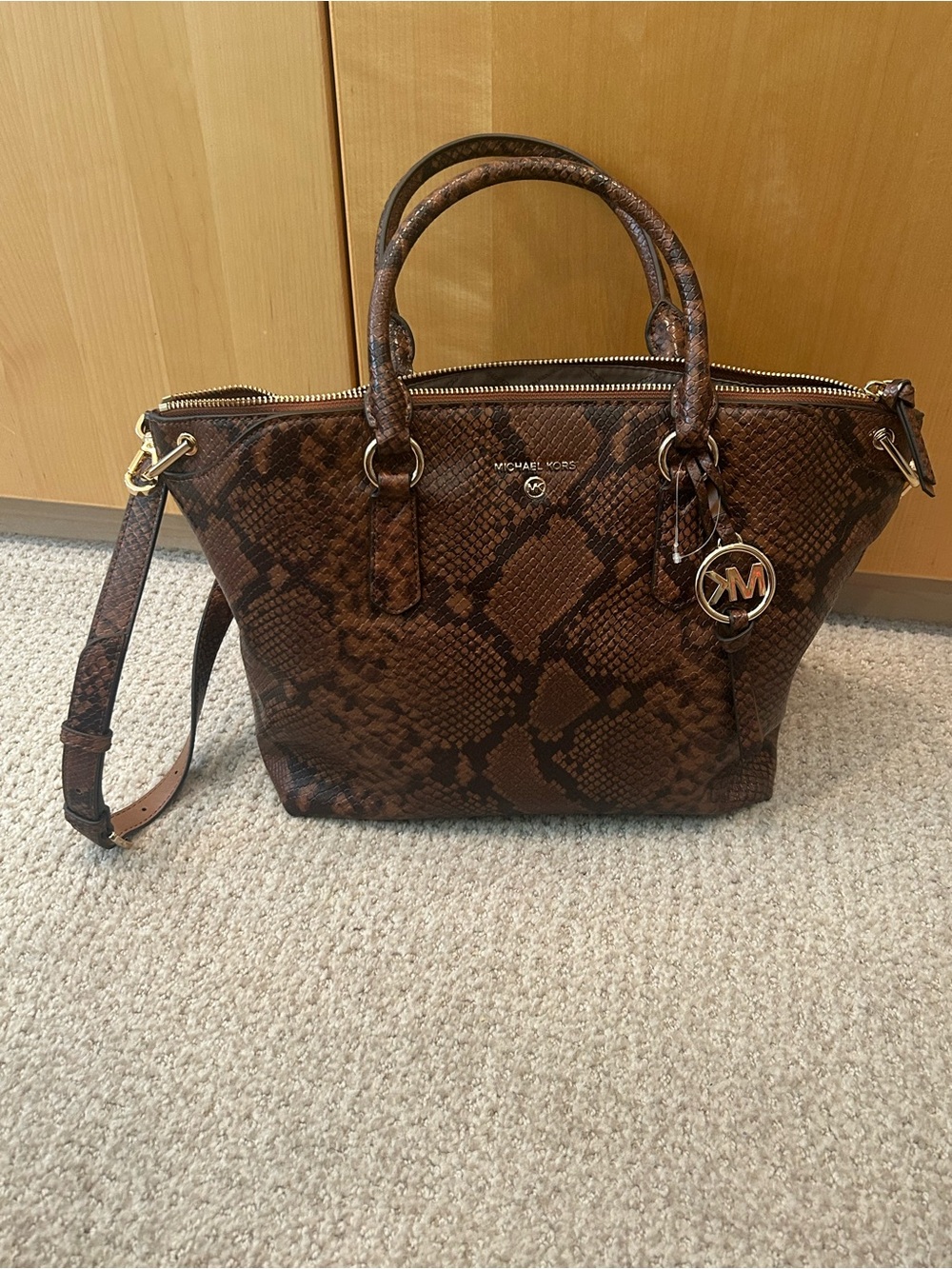 New Michael Kors Brown Snake-Print Satchel with Gold Hardware